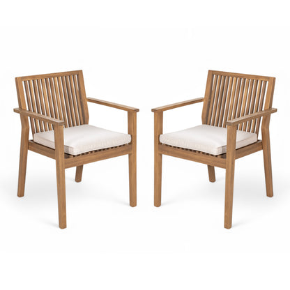 Set of 2 Acacia Wood Outdoor Dining Chairs with Beige Cushions and Armrests for Patio, Garden, and Balcony
