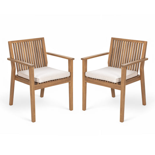 Set of 2 Acacia Wood Outdoor Dining Chairs with Beige Cushions and Armrests for Patio, Garden, and Balcony