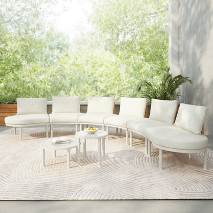 8-Piece Beige Half-Moon Outdoor Wicker Sectional Sofa Set with Two Coffee Tables
