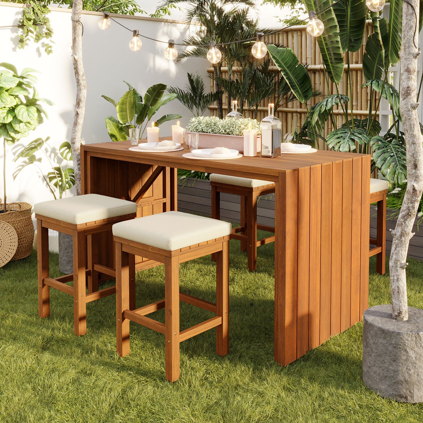 5-Piece Outdoor Bar Set with Acacia Wood Bar Table and Cushioned Stools