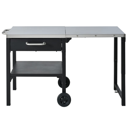Foldable Outdoor Kitchen Cart with Stainless Steel Top and Storage, Black