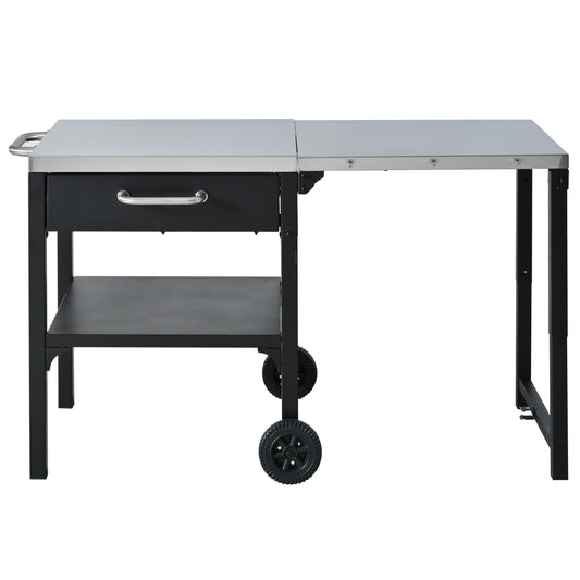 Foldable Outdoor Kitchen Cart with Stainless Steel Top and Storage, Black