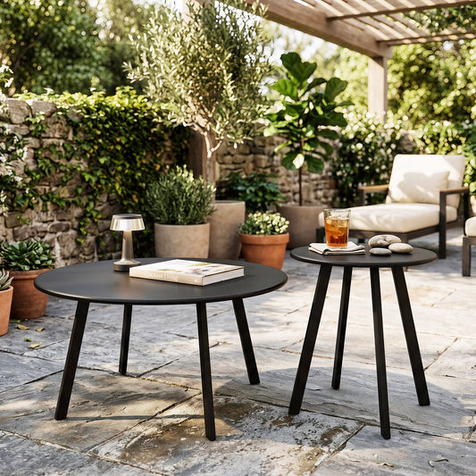 2-Piece Black Metal Round Nesting Side Table Set for Patio, Balcony, or Living Room