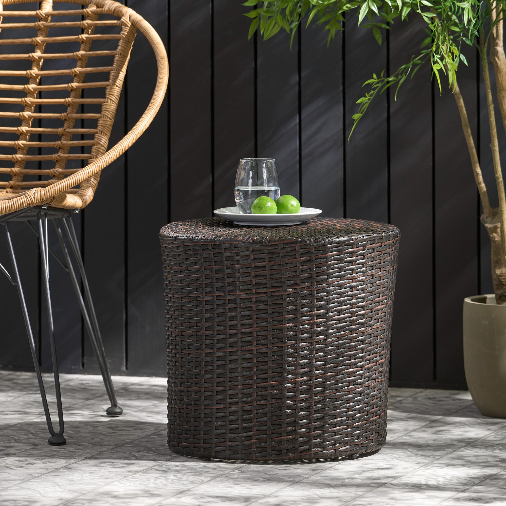 Brown Iron Rattan Outdoor Side Table - Patio Accent Table