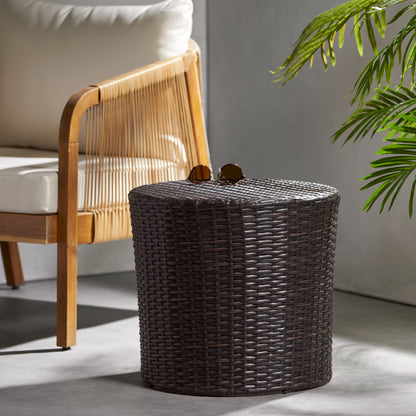 Brown Iron Rattan Outdoor Side Table - Patio Accent Table