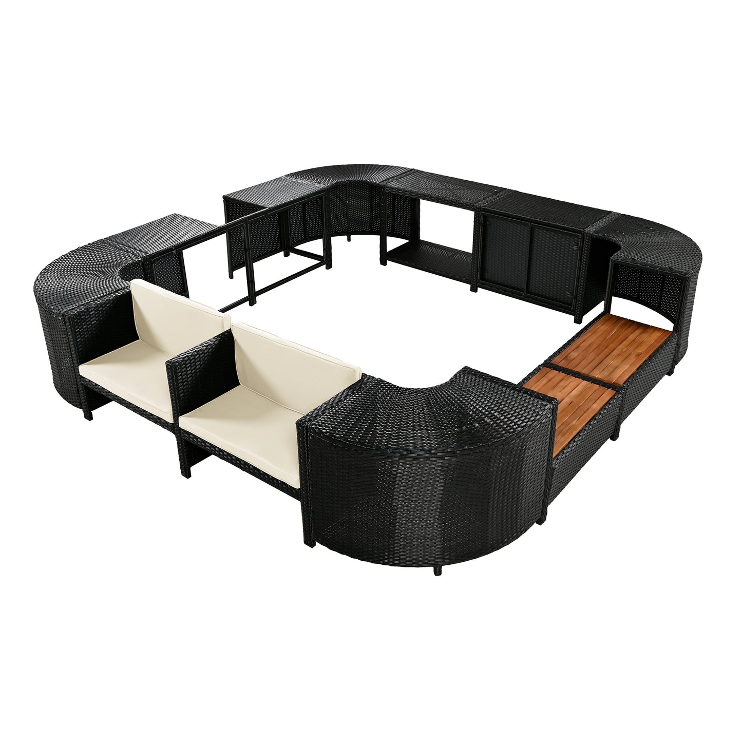 Beige Outdoor Rattan Sectional Sofa Set with Mini Sofa, Storage Seats, and Steel Frame for Patio, Spa, and Poolside