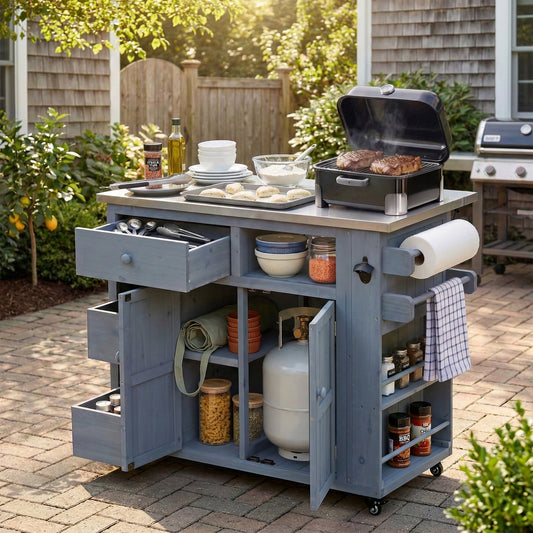 Gray Wood Outdoor Kitchen Island - Extendable Grill Table