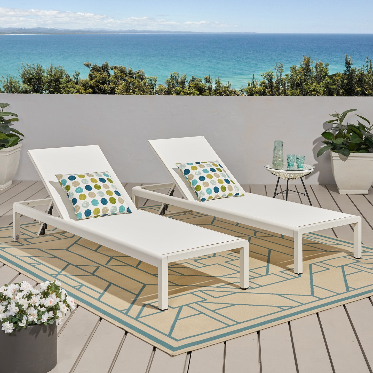 White Mesh Chaise Lounge Set - 2 Piece Patio Seating