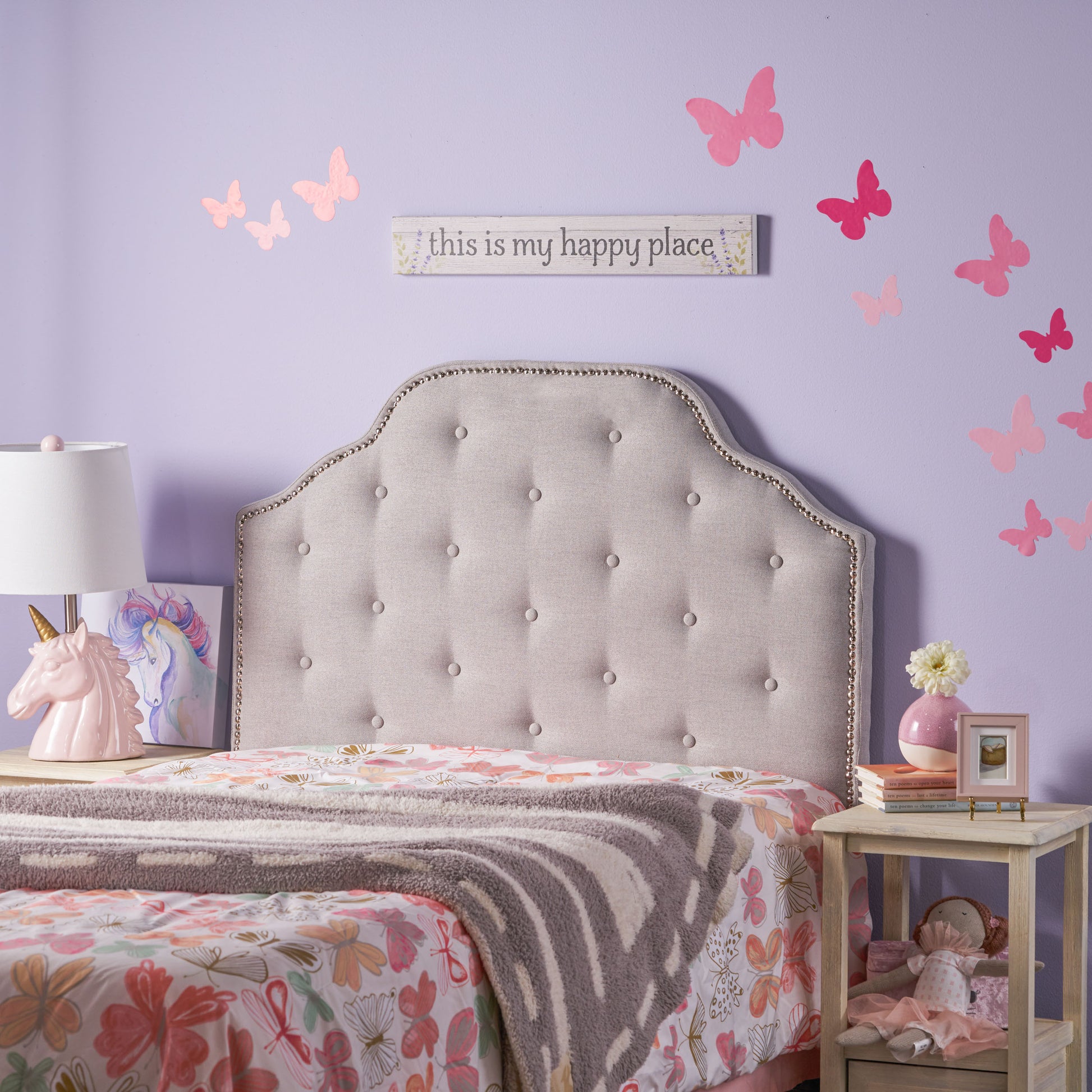 Light Grey Button Tufted Headboard Twin Size Upholstered for Bedroom