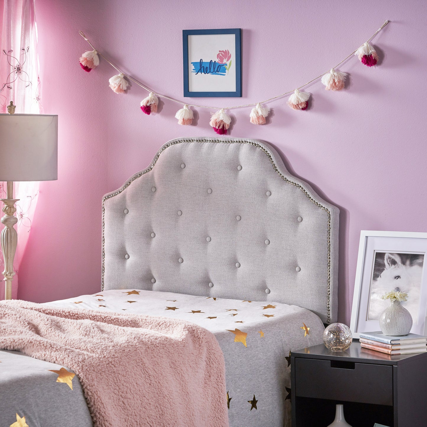 Light Grey Button Tufted Headboard Twin Size Upholstered for Bedroom