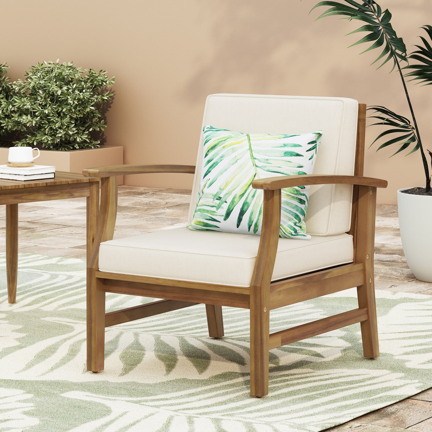 Cream Acacia Wood Club Chair for Garden Patio Seating