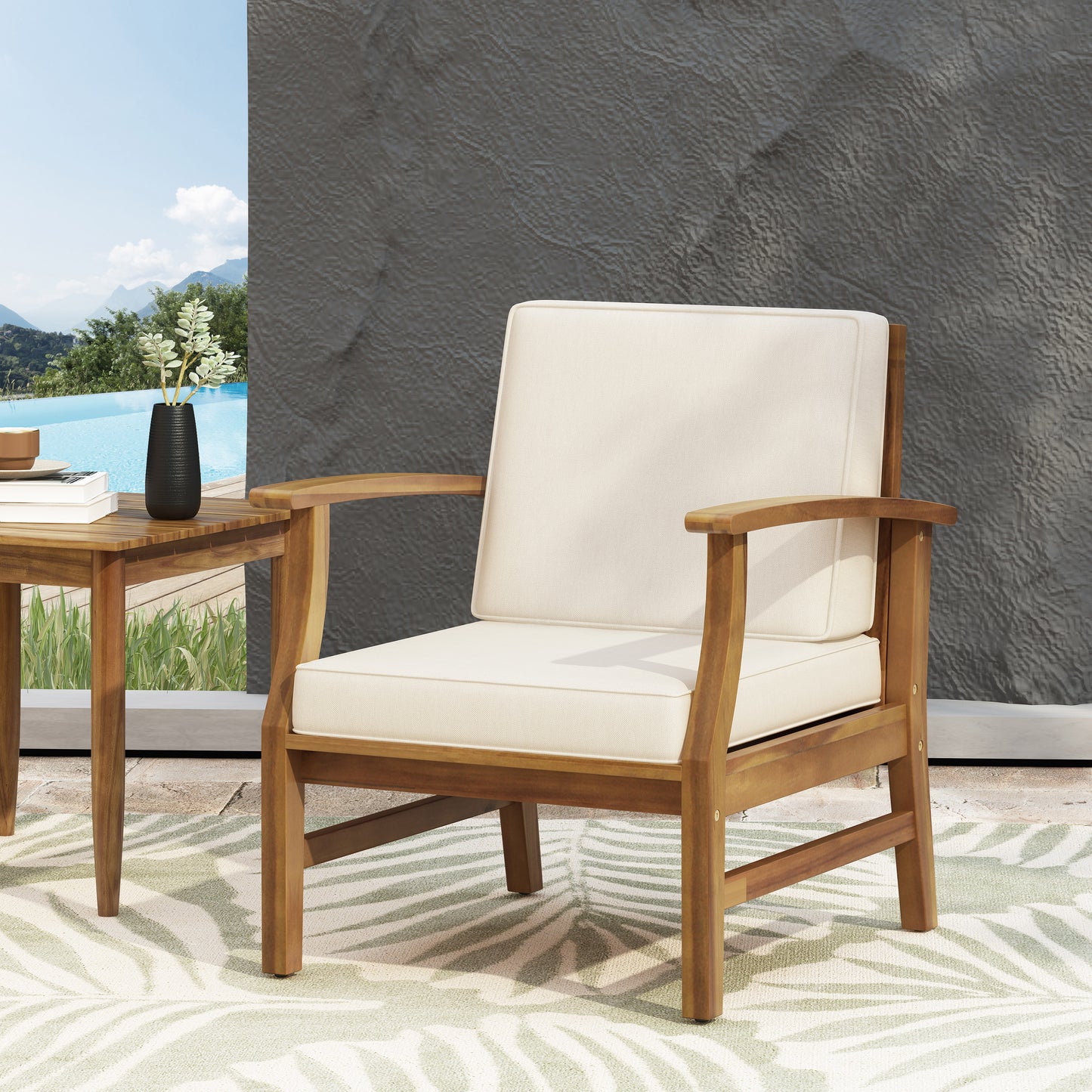 Cream Acacia Wood Club Chair for Garden Patio Seating