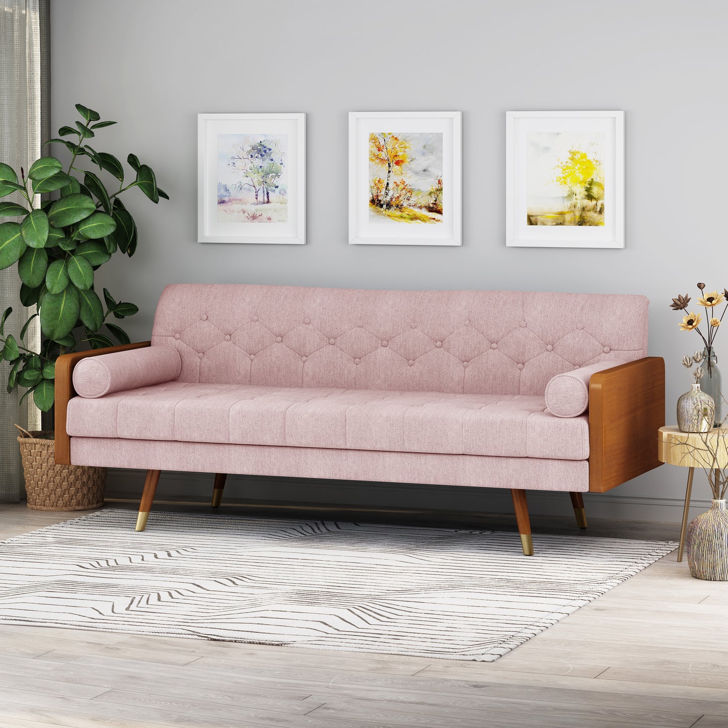Blush 3 Seat Mid-Century Sofa - Fabric Upholstery for Living Room