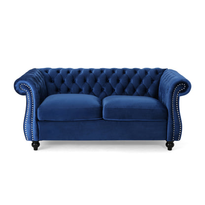 Navy Velvet Chesterfield Loveseat - 61.75" W