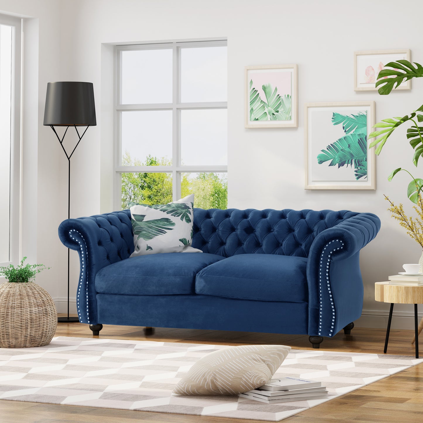 Navy Velvet Chesterfield Loveseat - 61.75" W