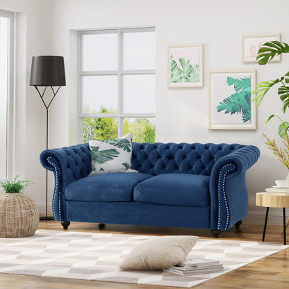Navy Velvet Chesterfield Loveseat - 61.75" W
