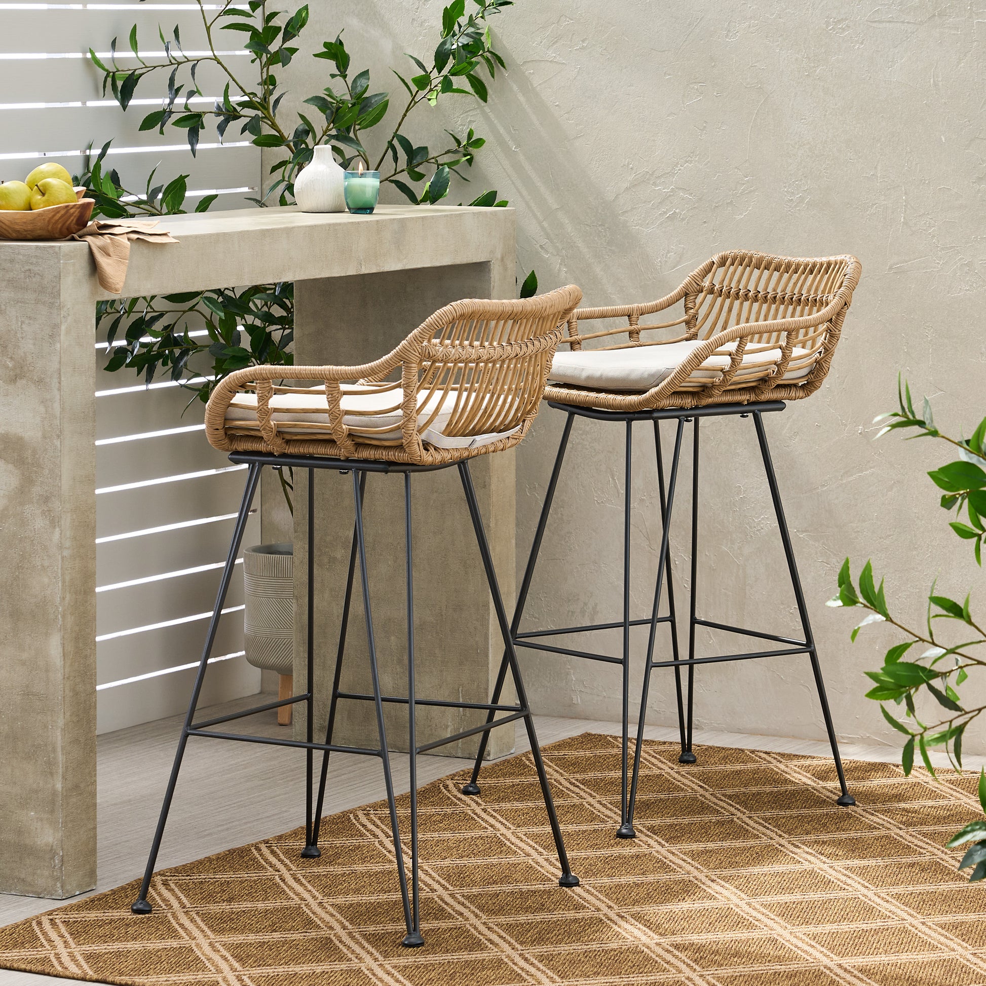 DALE Barstool - Brown & Beige Fabric Patio Seating Set of 2