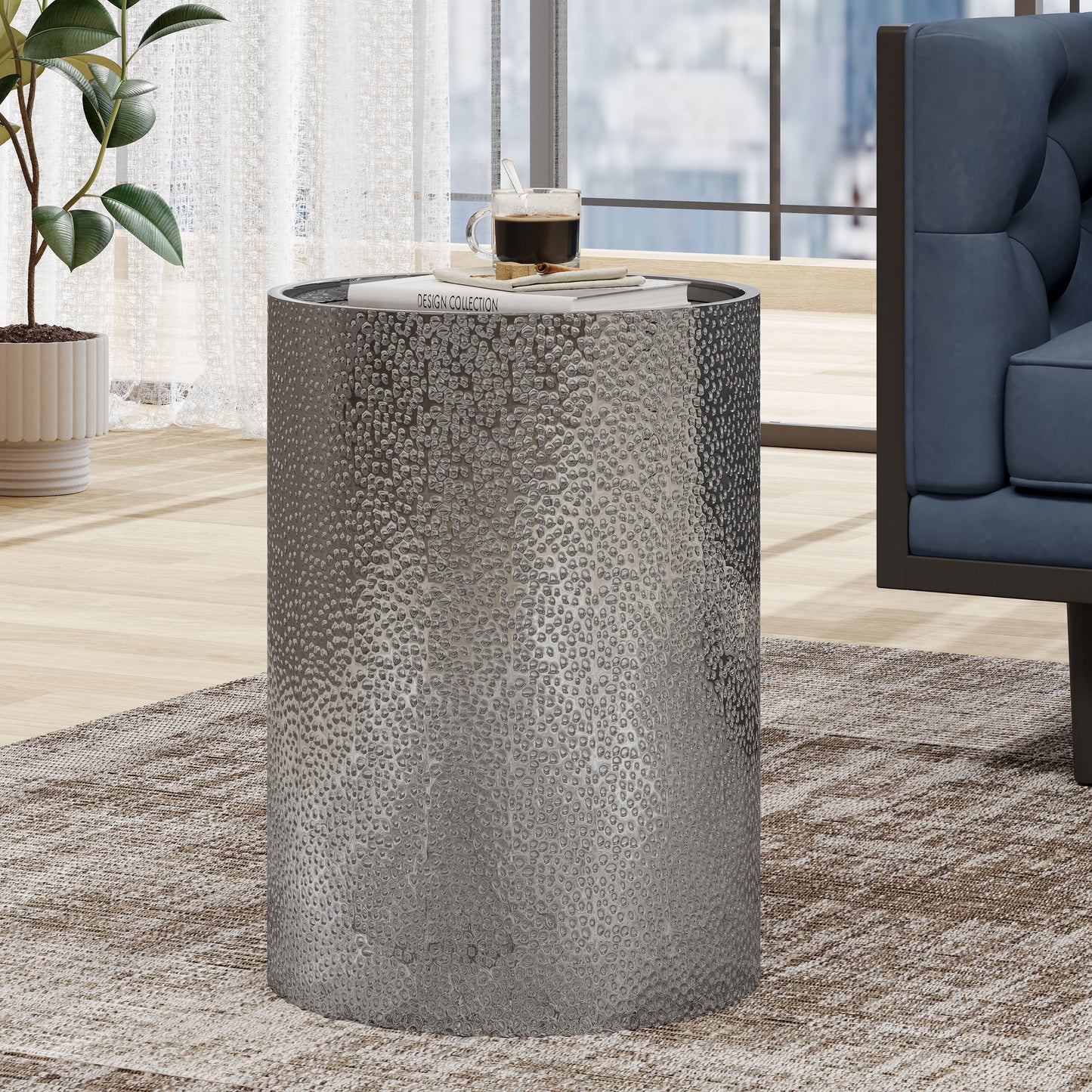 Silver Hammered Metal Side Table - 16" x 16" for Living Room