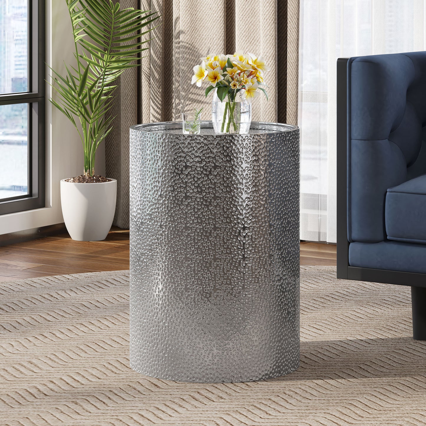 Silver Hammered Metal Side Table - 16" x 16" for Living Room