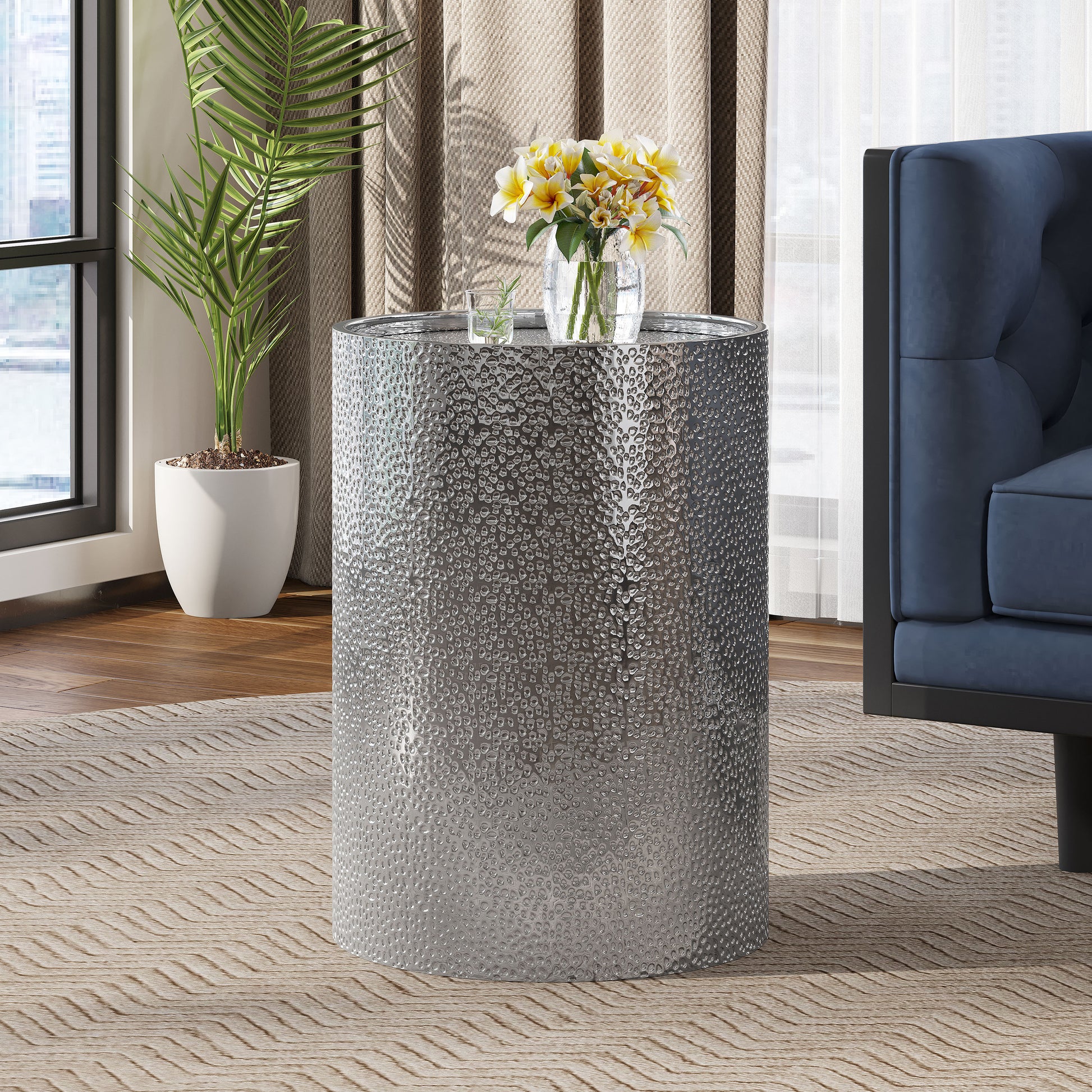 Silver Hammered Metal Side Table - 16" x 16" for Living Room