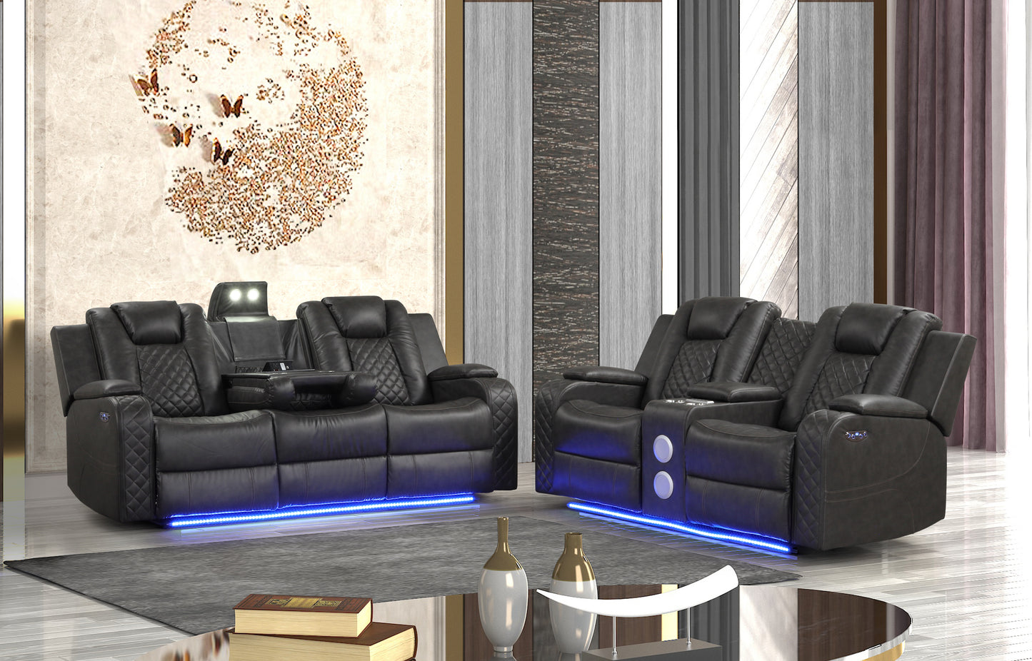BENZ LED & Power Recliner 2 PC Made With Faux Leather in Black