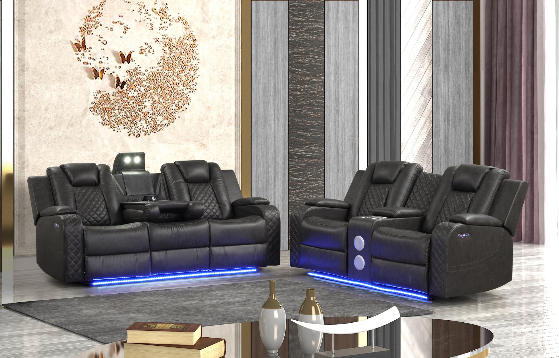 BENZ LED & Power Recliner 2 PC Made With Faux Leather in Black