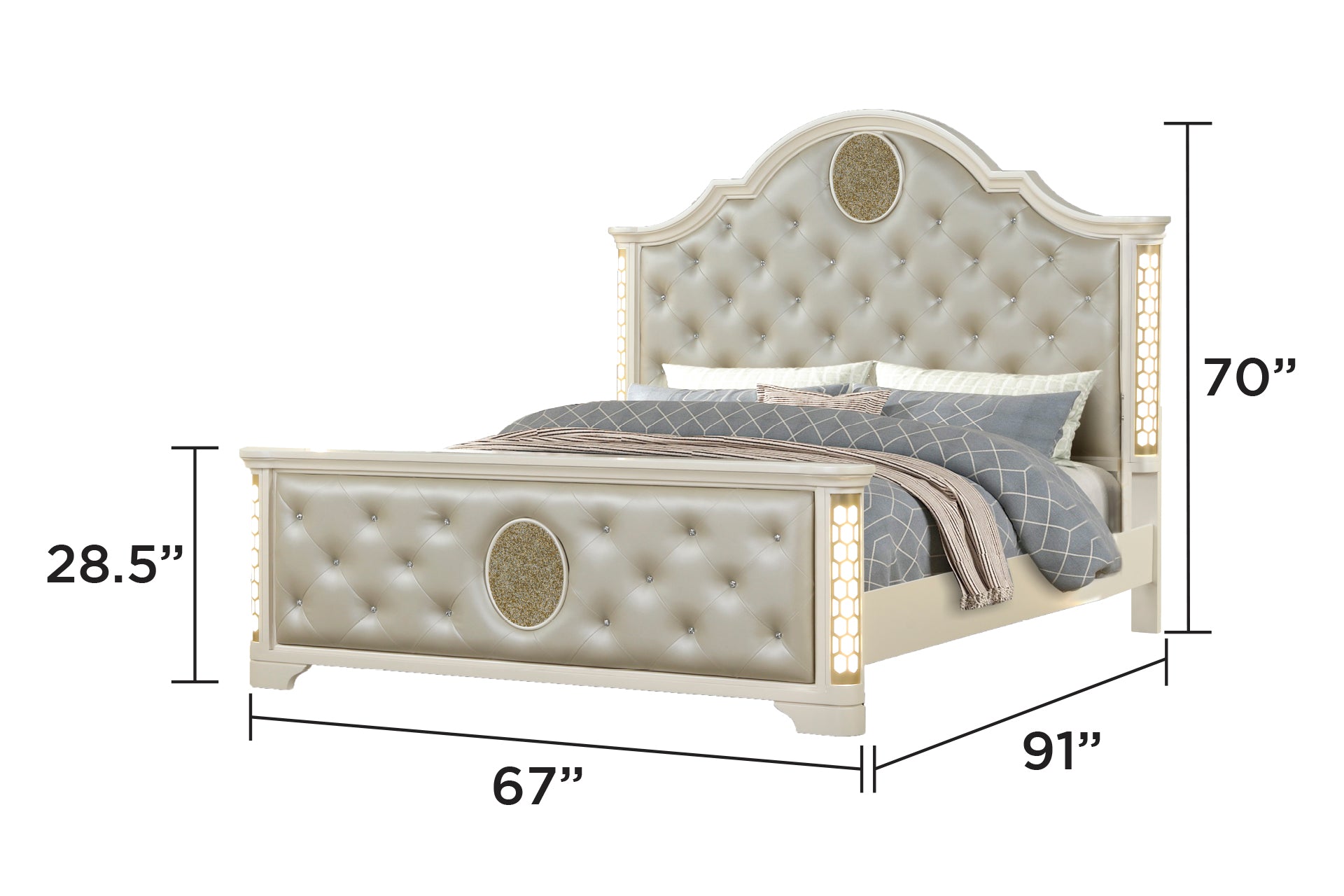 Queen Size Beige Acacia Wood Tufted Bed with LED Lights for Bedroom