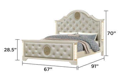 Queen Size Beige Acacia Wood Tufted Bed with LED Lights for Bedroom