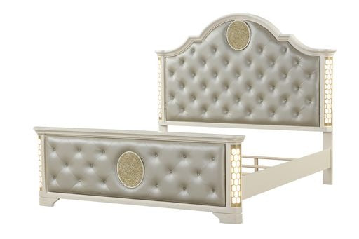 Queen Size Beige Acacia Wood Tufted Bed with LED Lights for Bedroom
