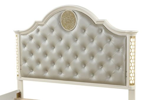 Queen Size Beige Acacia Wood Tufted Bed with LED Lights for Bedroom