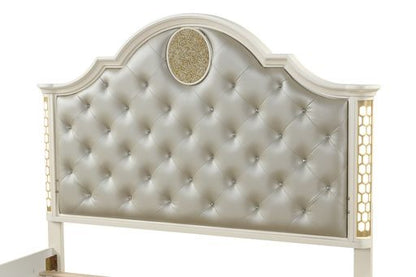 Queen Size Beige Acacia Wood Tufted Bed with LED Lights for Bedroom
