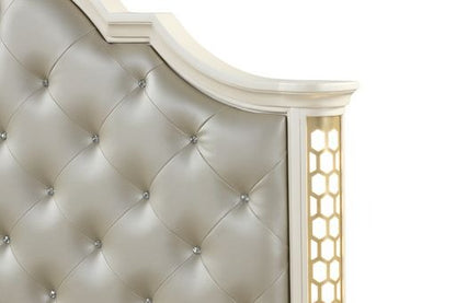 Queen Size Beige Acacia Wood Tufted Bed with LED Lights for Bedroom