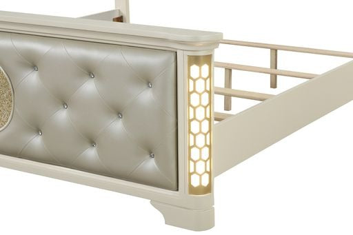 Queen Size Beige Acacia Wood Tufted Bed with LED Lights for Bedroom