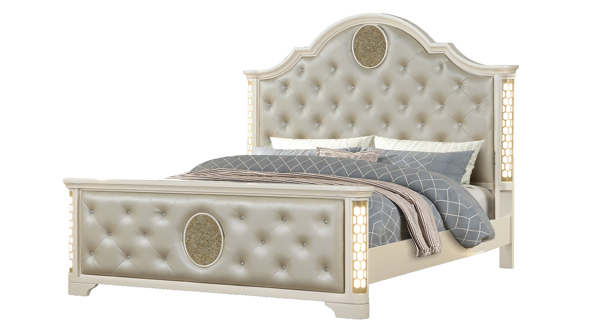 JASMINE Queen Size Tufted Upholstery & LED Bed made with Wood in Beige
