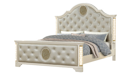 JASMINE Queen Size Tufted Upholstery & LED Bed made with Wood in Beige