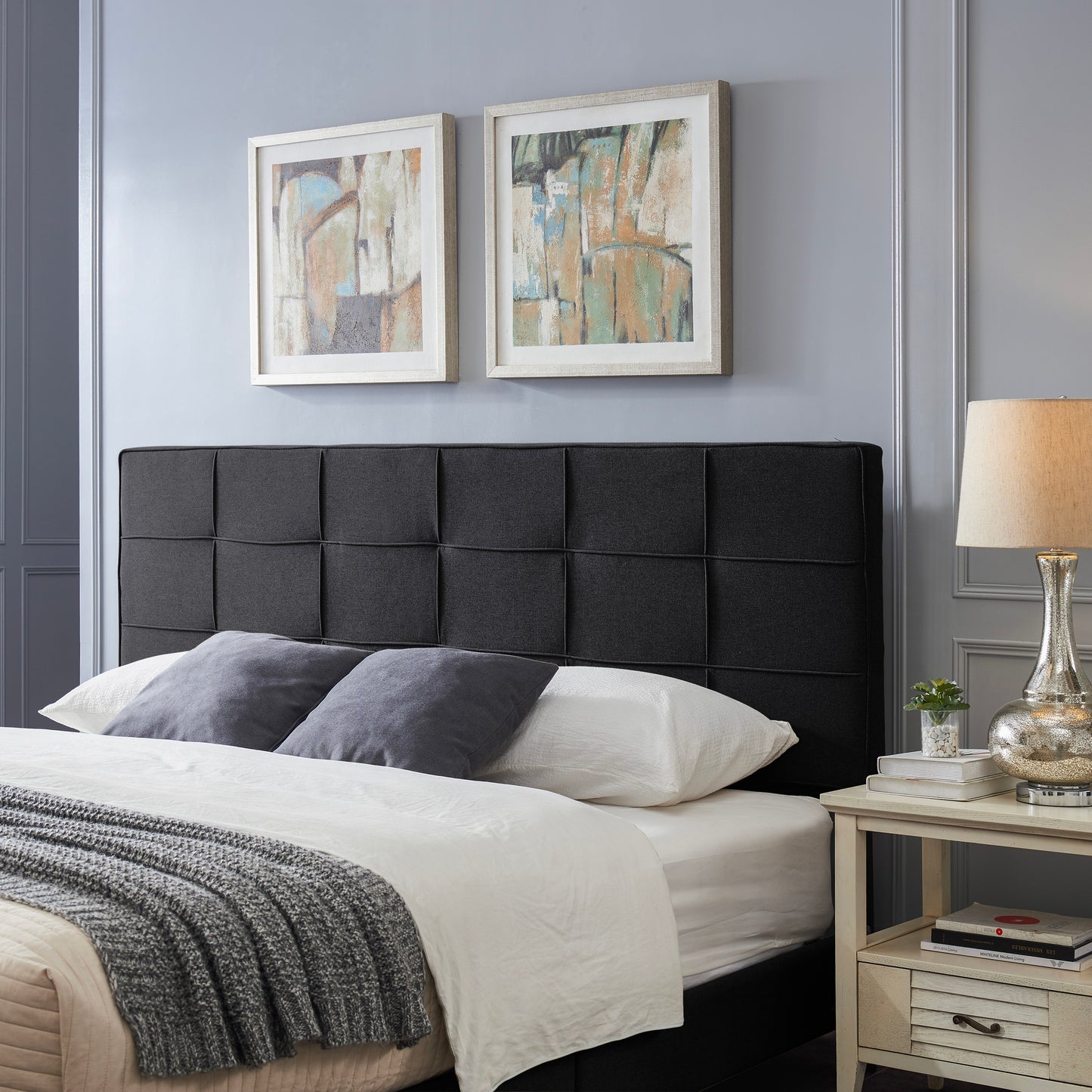 King Size Headboard, Linen Upholstered Headboards with Metal Leg, Square Stitched Design, Adjustable Height Cal King Headboard in Bedroom