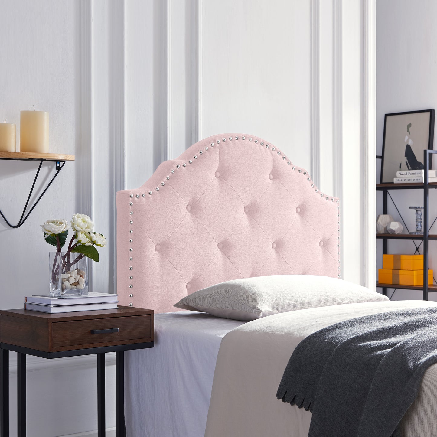 Twin Size Blush Fabric Headboard Button Tufted