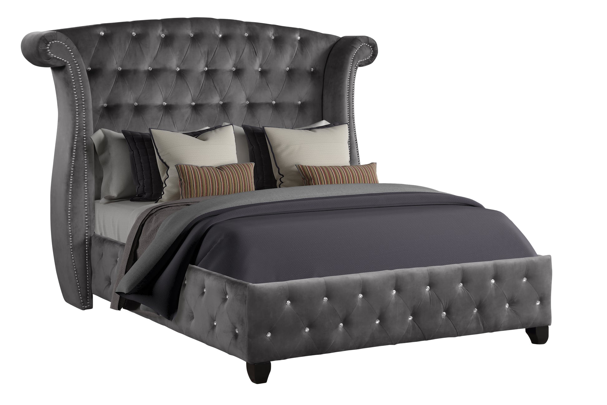 Gray Full Bed Frame - Modern Wood Upholstered Bed