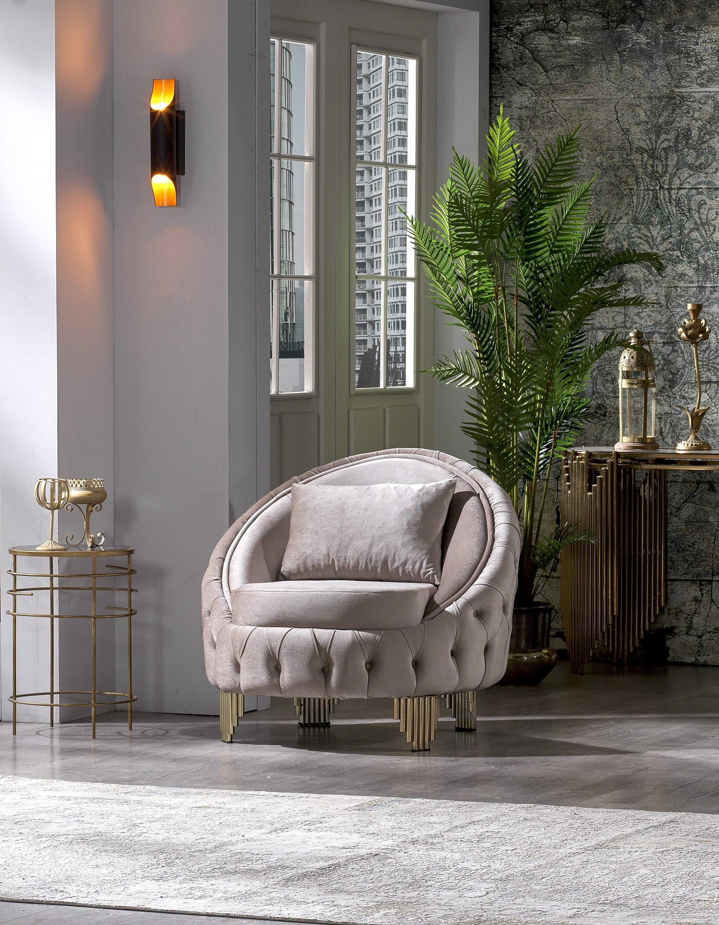 Taupe Polyester Wood Frame Sofa - Modern Style Chair