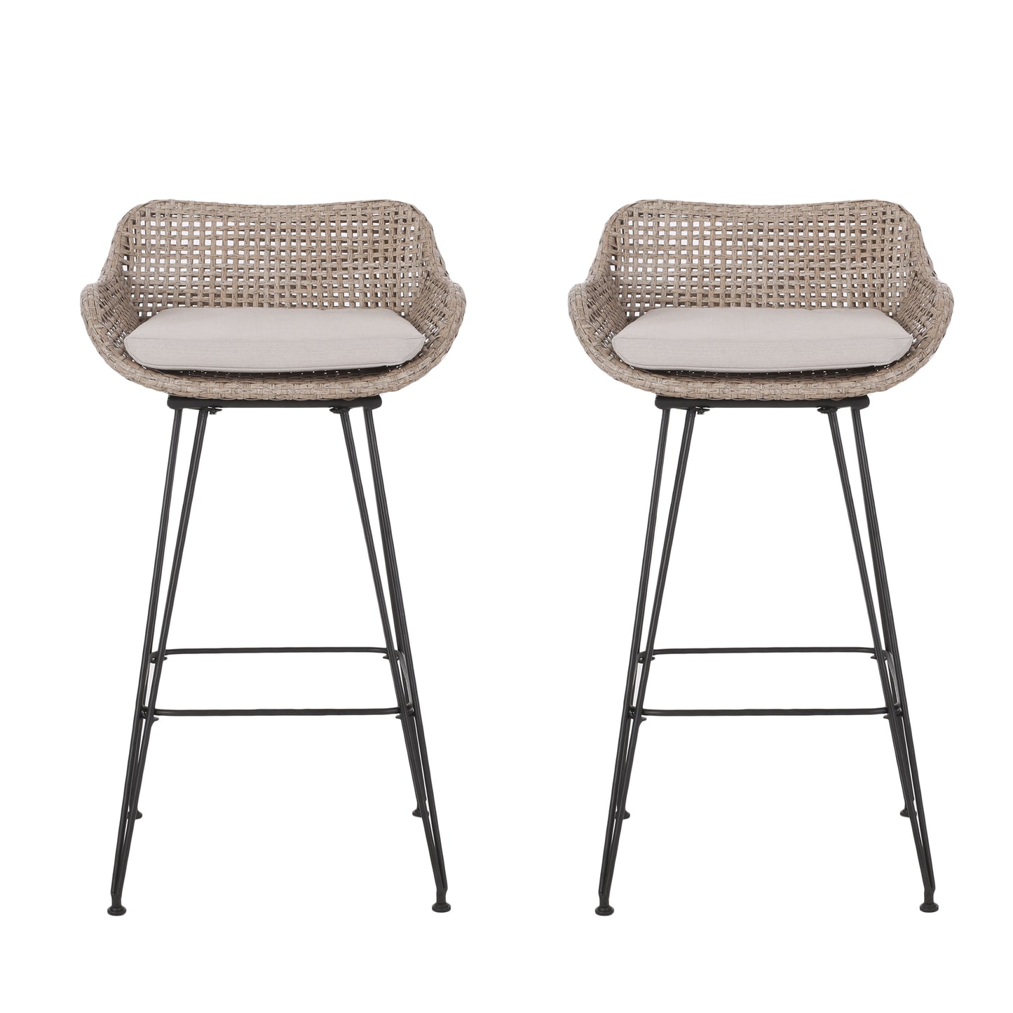 Brown Rattan Bar Stools Set of 2 with Cushions