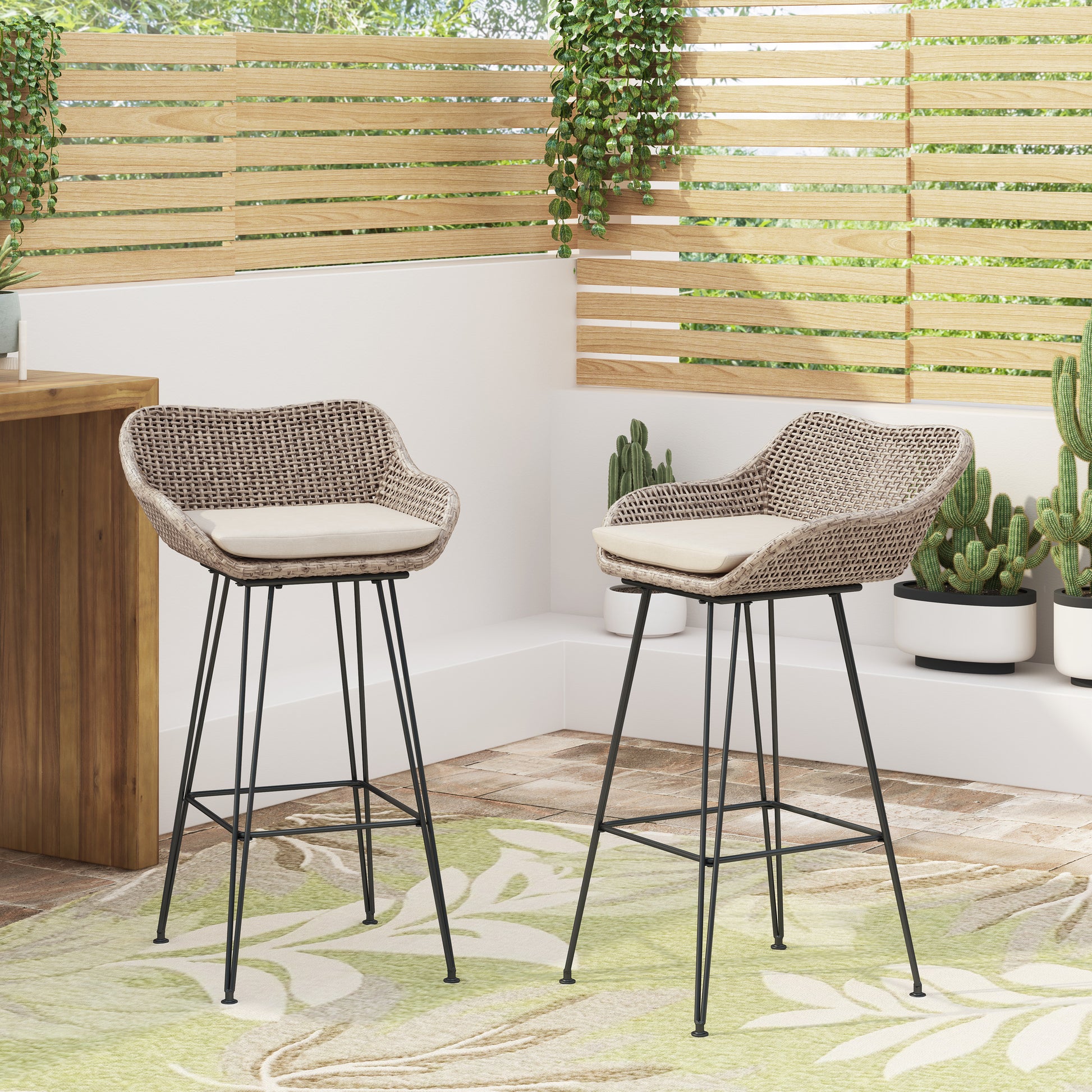 Brown Rattan Bar Stools Set of 2 with Cushions