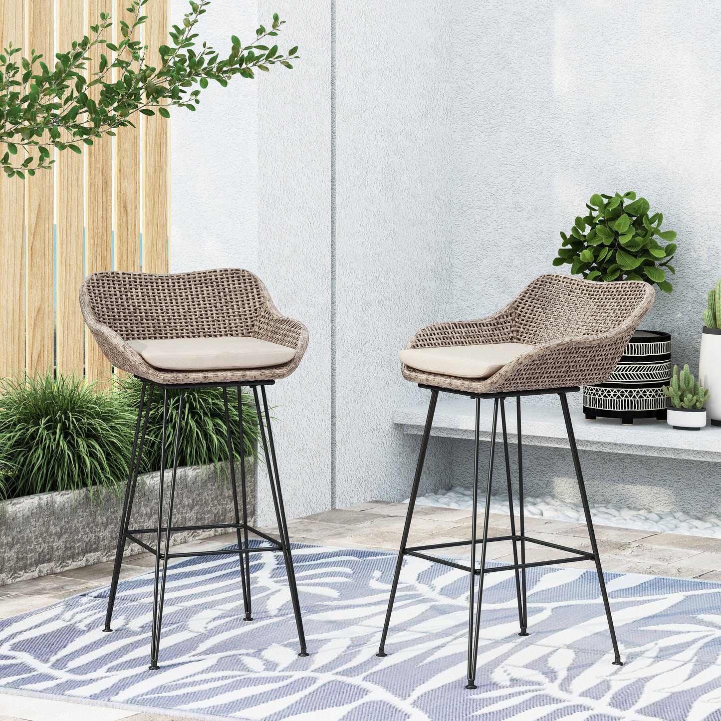 Brown Rattan Bar Stools Set of 2 with Cushions