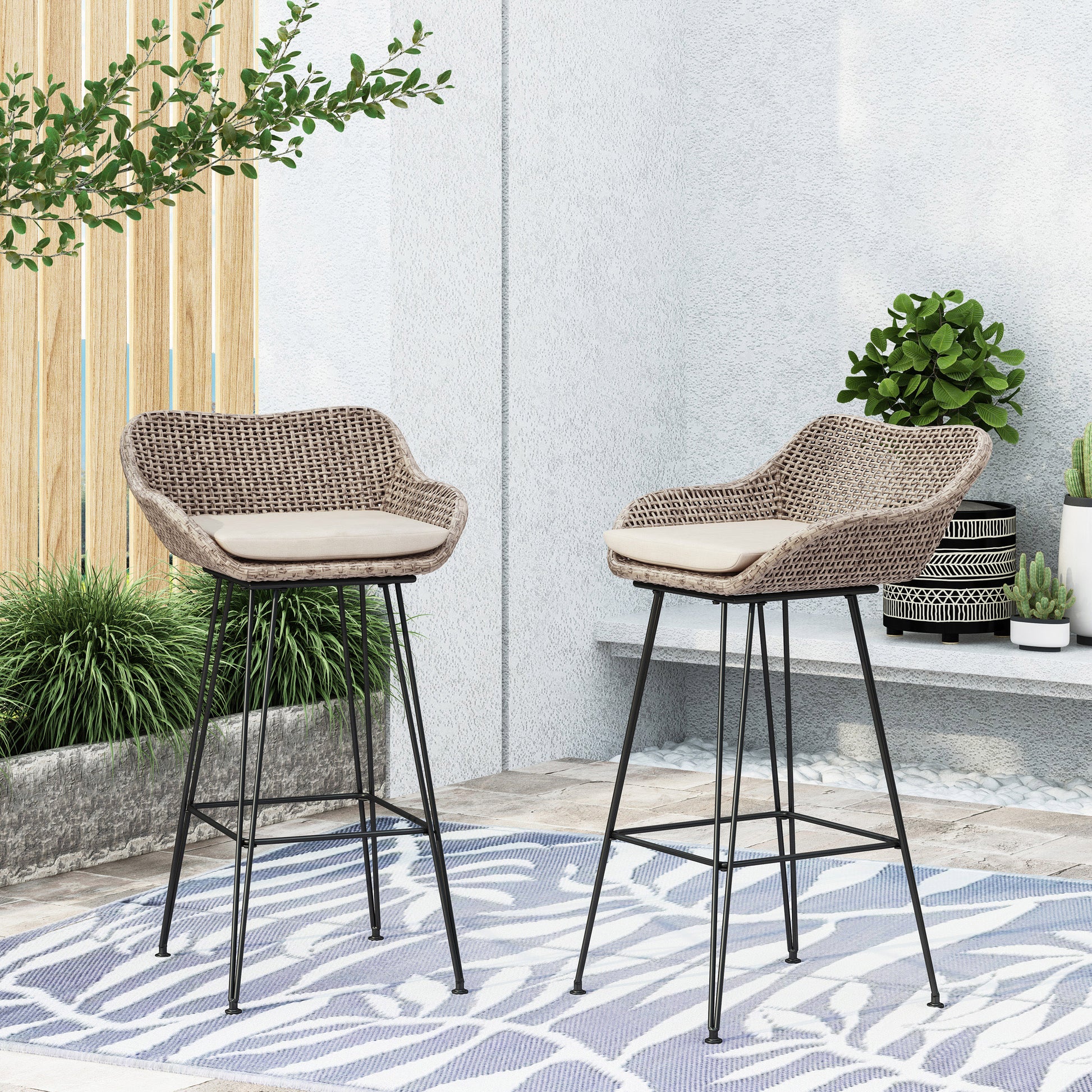 Brown Rattan Bar Stools Set of 2 with Cushions