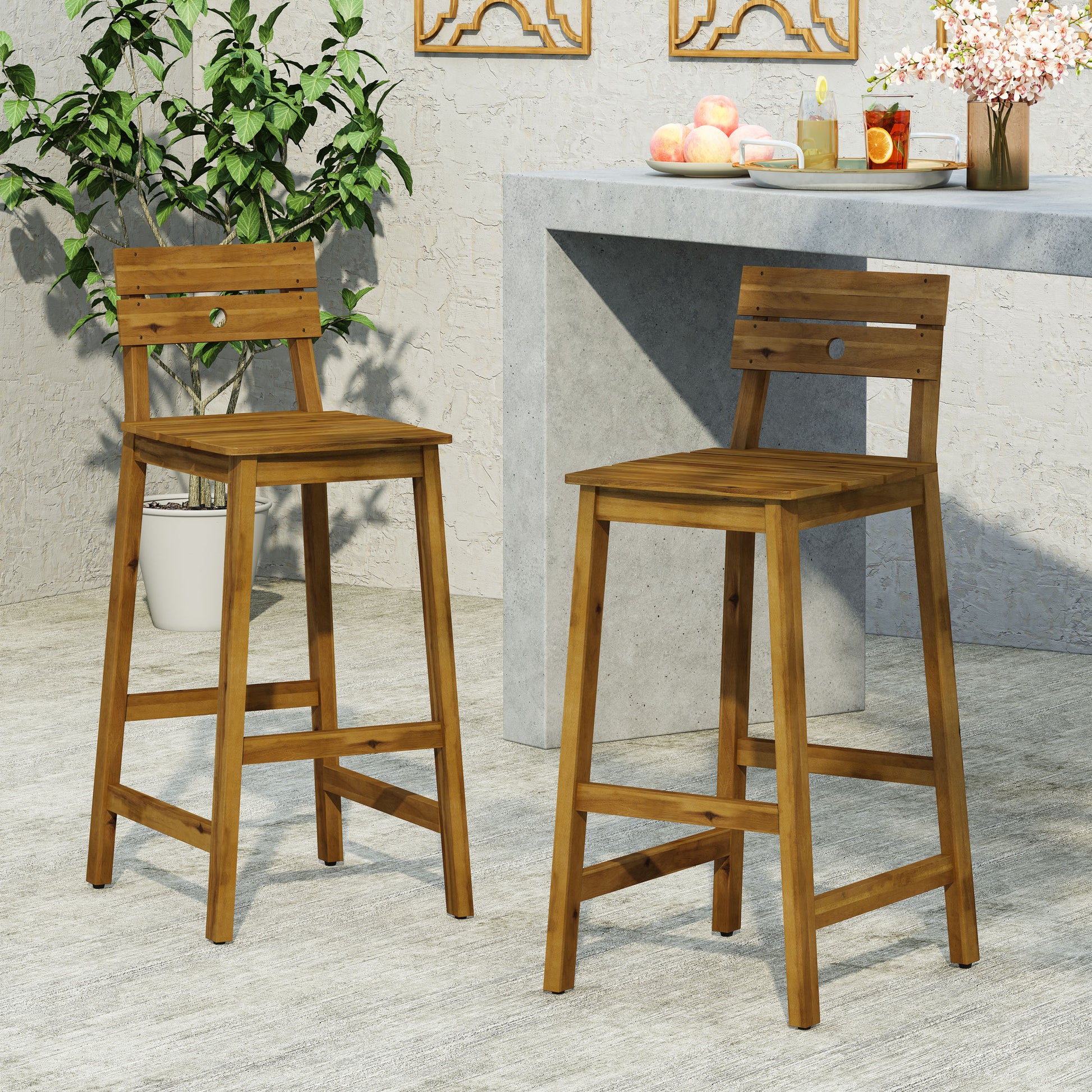 Ashlyn Barstool - Acacia Wood Dining Stools, Set of 2