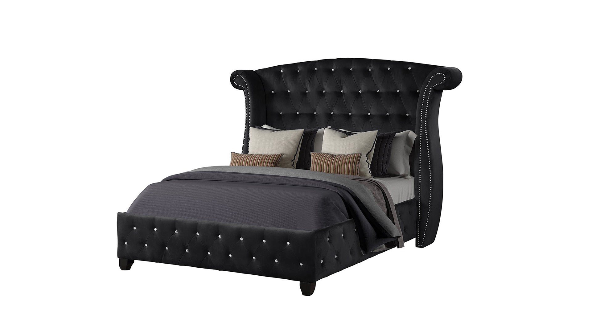 Queen Size Black Upholstered Bed Frame Wood
