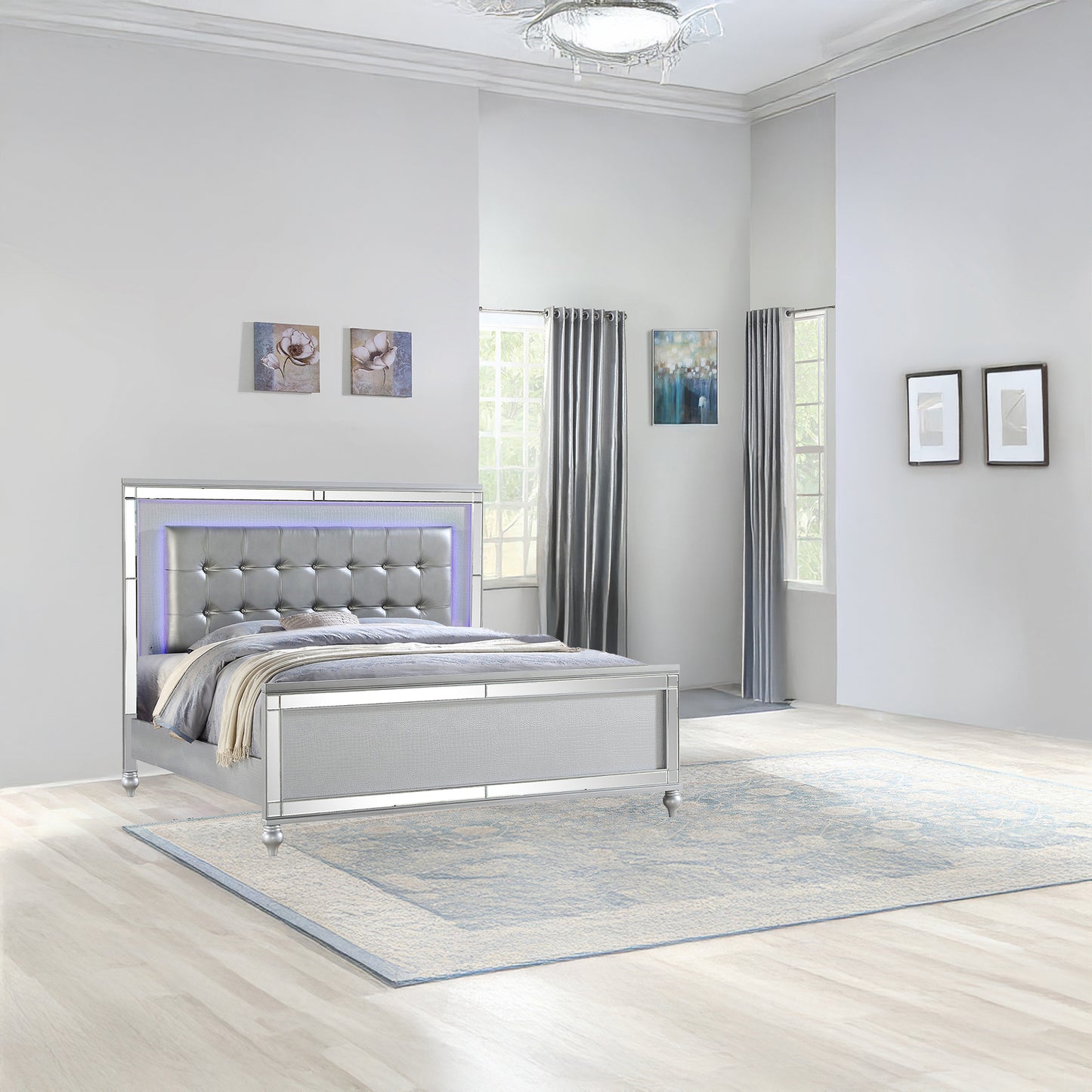 Sterling King Size Upholstered LED Bed made with wood in Silver Color