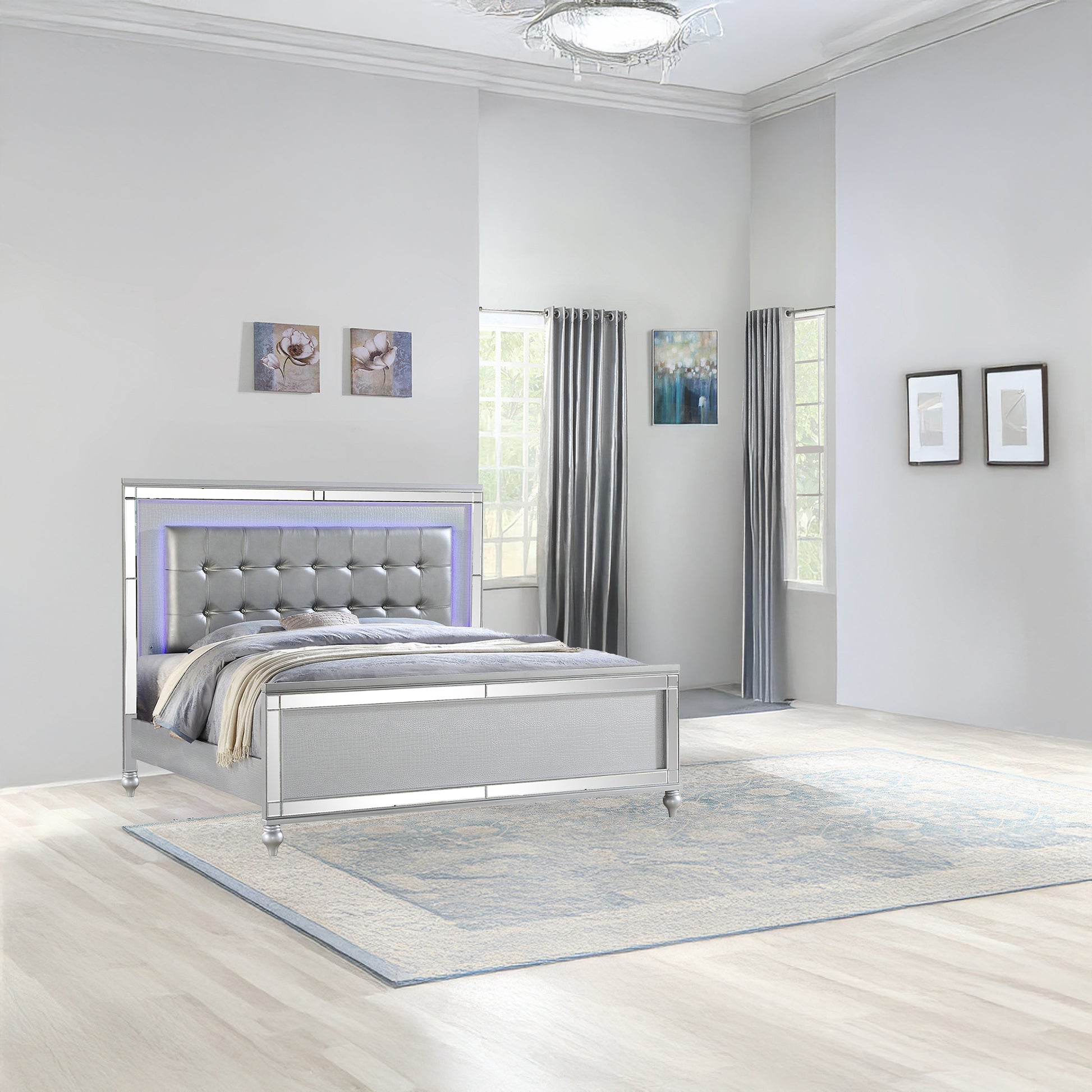 Sterling Queen Size Upholstered LED Bed made with wood in Silver Color