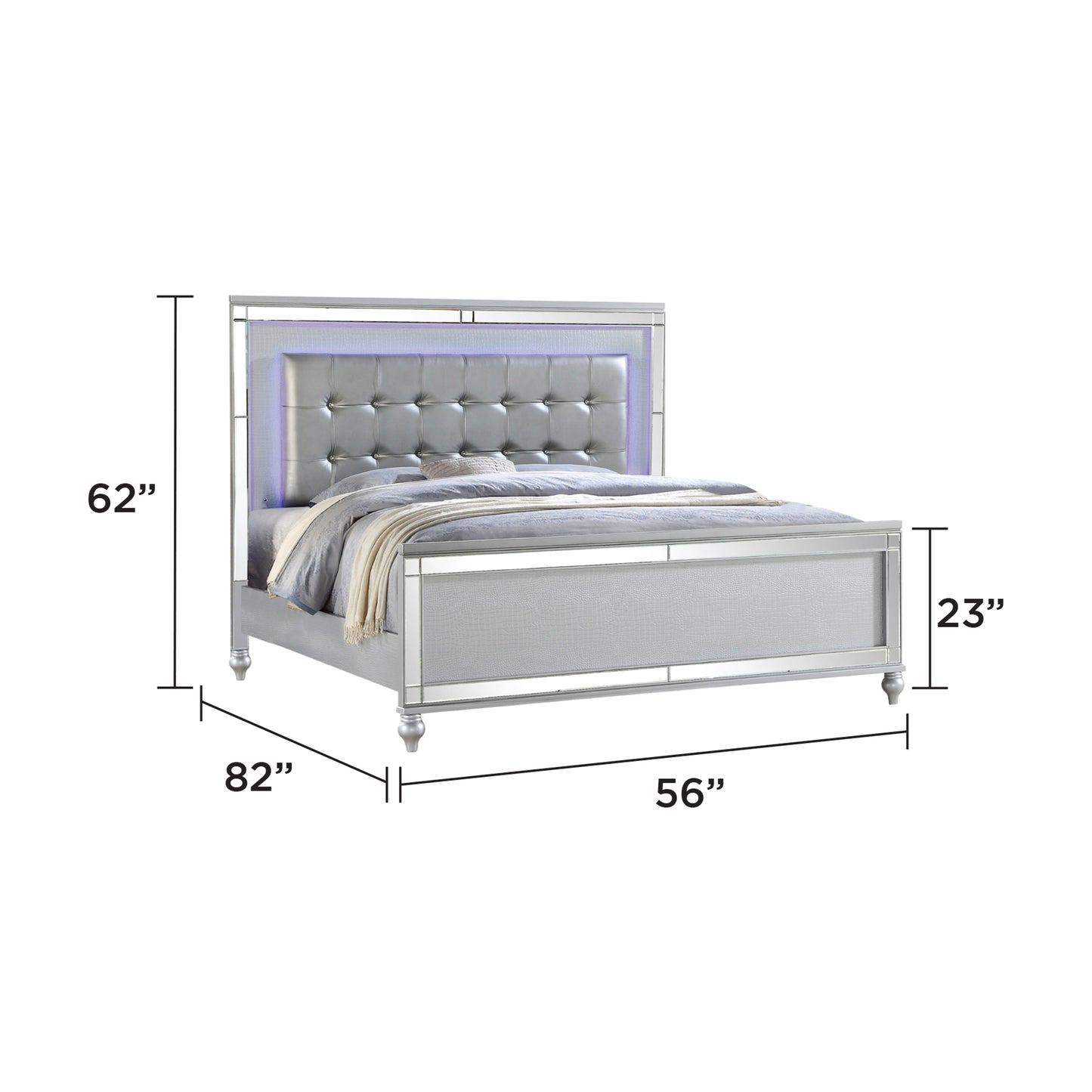 STERLING Full Size Upholstered LED Bed - Silver