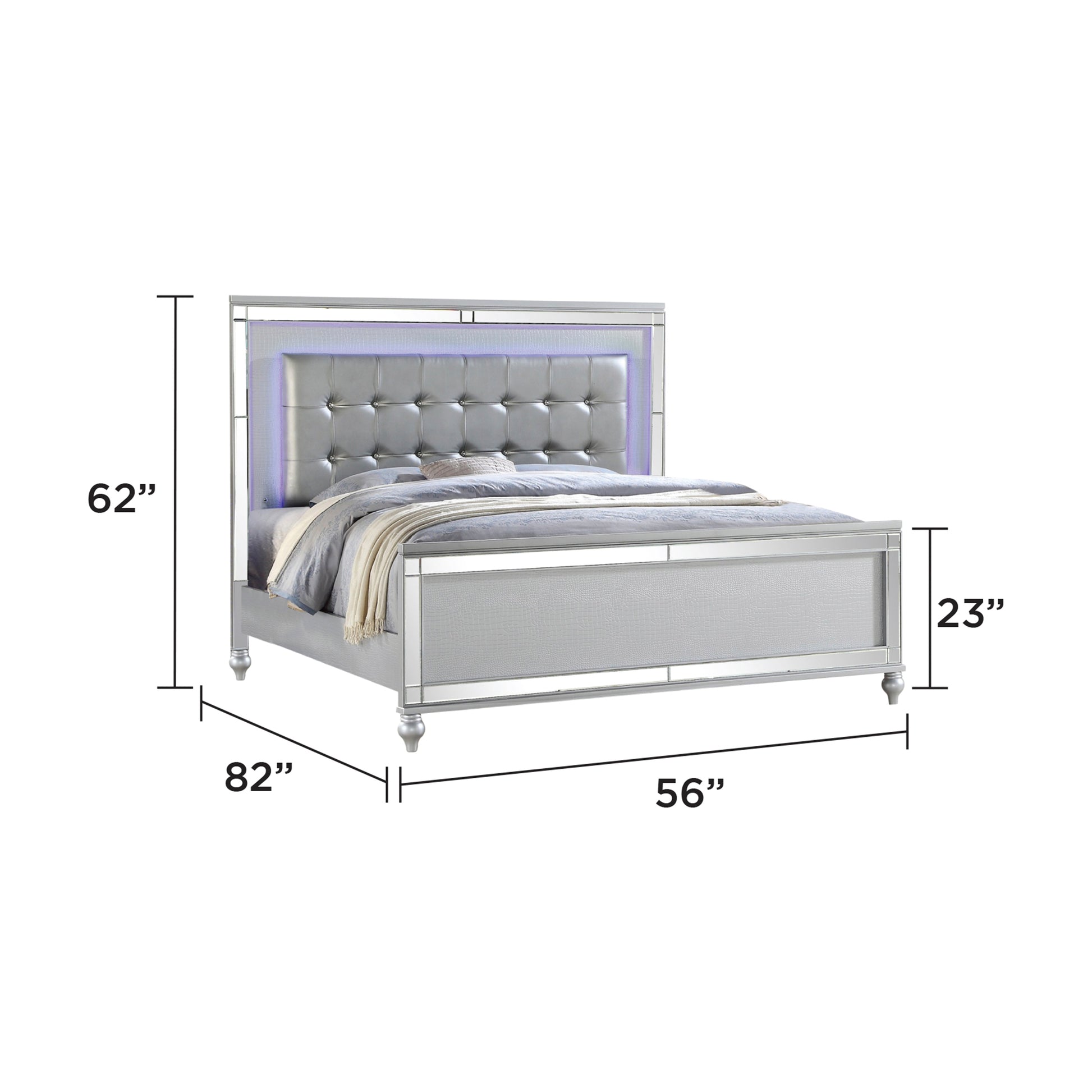 STERLING Full Size Upholstered LED Bed - Silver