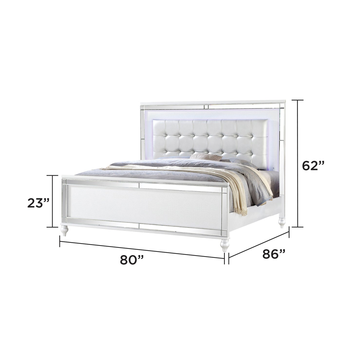 King Size Upholstered LED Bed - White Wood Frame